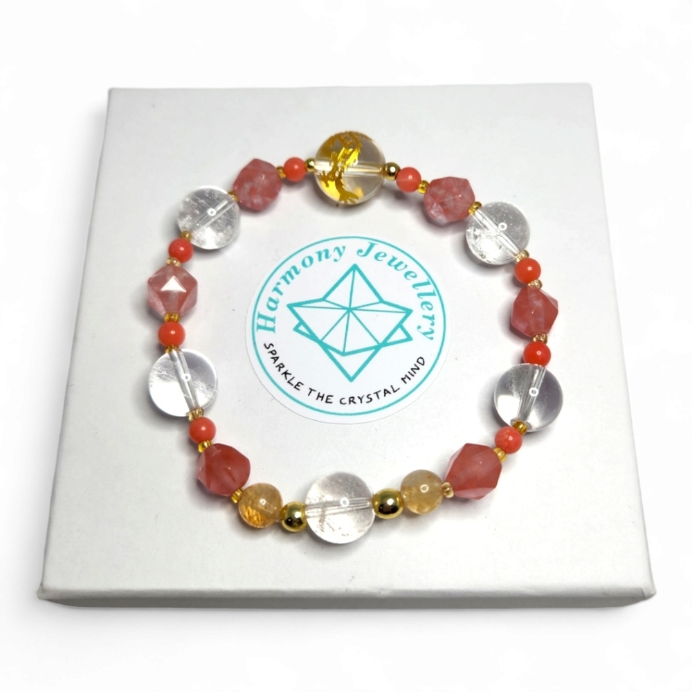 Clear Quartz, Strawberry Quartz, Citrine, Coral, Dragon Charm Bracelet
